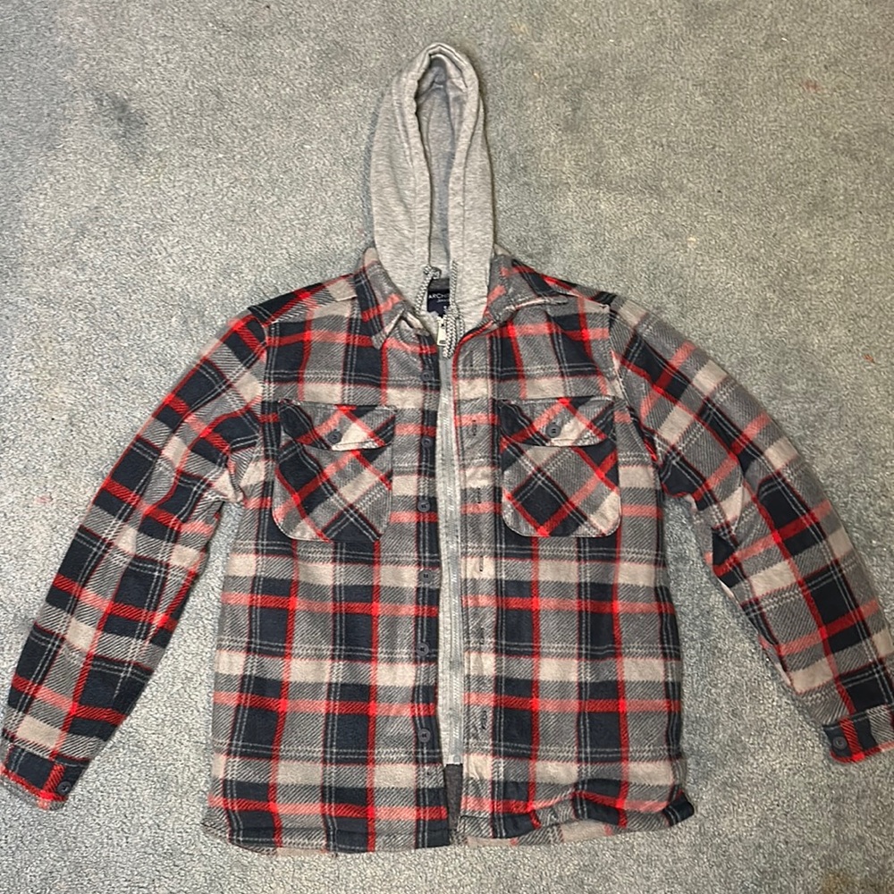 Red, gray and navy blue flannel jacket